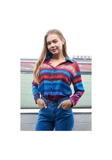 Kadın Desenli Yakalı Düşük Omuzlu Uzun Kol Şık Ofis Gömlek-Ebruli Desen Ebruli Desen