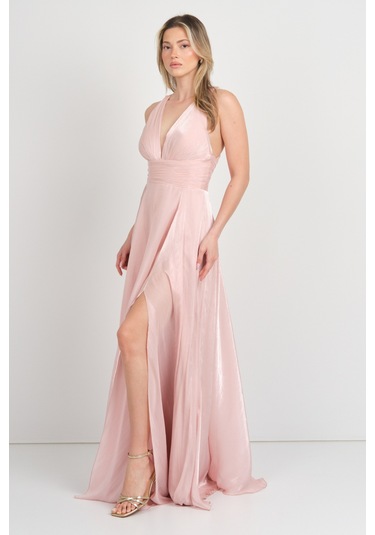 Doridorca Kadın Derin V Yaka Şifon Uzun Abiye Elbise 7065 Pudra Pudra