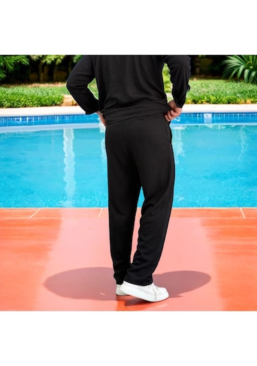 Erkek Bürümcük Krinkıl Kumaş Yazlık Likralı Apaj Yakalı Gömlek Ve Eşofman Takım Kombini Siyah