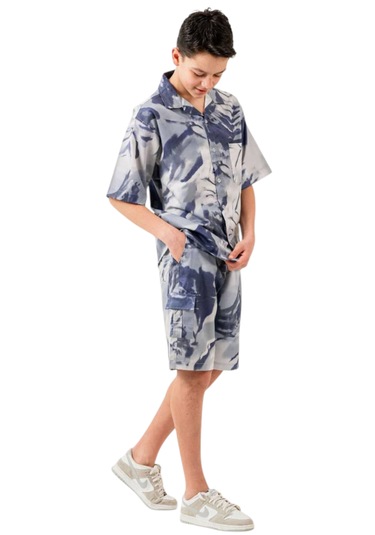 Erkek Çocuk Batik Desenli Mavi Gömlek Şort Oversize İkili Takım