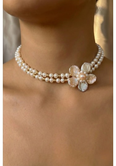 Doğal İnci Çiçek Choker Kolye