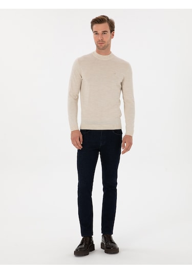 Cacharel Bej Slim Fit Yün Karışımlı Çeyrek Balıkçı Basic Triko Kazak