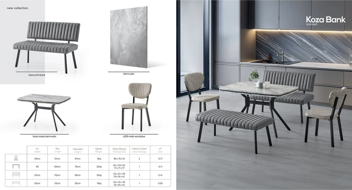 Dengema Koza Bank Yemek Masası Takımı 80 120 Cm Gri Mermer, 2 Antrasit Bank, 2 Sandalyeli Gri Mermer - Antrasit Bank