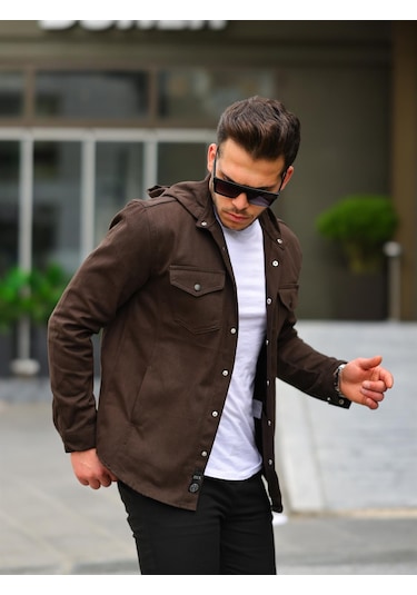 Koyu Kahve Renk Kapüşonlu Kot Ceket Koyu Kahverengi
