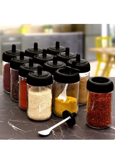 Kendinden Kaşıklı Baharatlik Seti 2'li Cam Kavanoz 300 Ml ŞEffaf