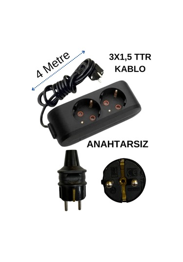 Avarson 2'li İkili Priz Topraklı Kablolu Siyah 3x1,5 Ttr 4 Dört Metre