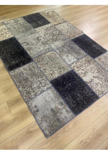 Çam Halı PW489 Gri Siyah El Dokuma Patchwork Yün Halı