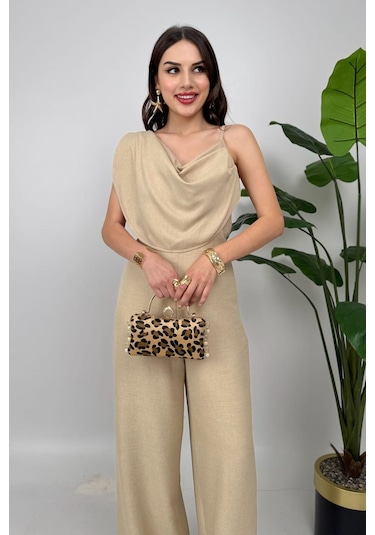 Élan Kadın Taş Drapeli Detaylı Tulum Dokulu Kumaş Şıklığı Taş