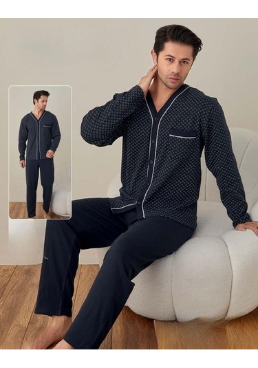 Lindros Erkek Gömlek Yaka İnterlok Uzun Kol Pijama Takımı 00148 - 1 Adet 001