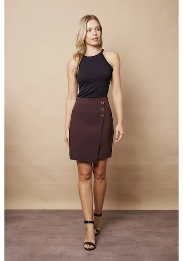 Kadın Arkadan Fermuarlı Düğme Detaylı Hafif Likralı Kumaş Diz Üstü Kalem Etek-kahve Kahve