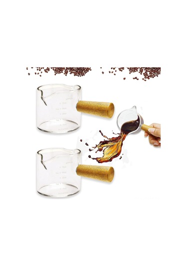 Qingmipy "2'li Ahşap Saplı Çift Ağızlı Espresso Ölçekli Bardak - 75ml Sıcak İçecekler İçin" Şeffaf