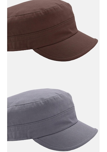 Erkek Fidel Castro Şapka 2'li Kep Rozet Detaylı Kasket - Kahverengi - Gri Gri - Kahverengi