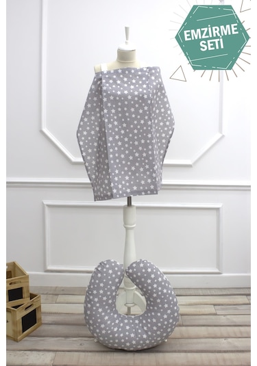 Mordesign Bebek Emzirme Önlüğü Ve Yastık 2' Li Avantajlı Set, Stars Serisi, Gri Zg920-1