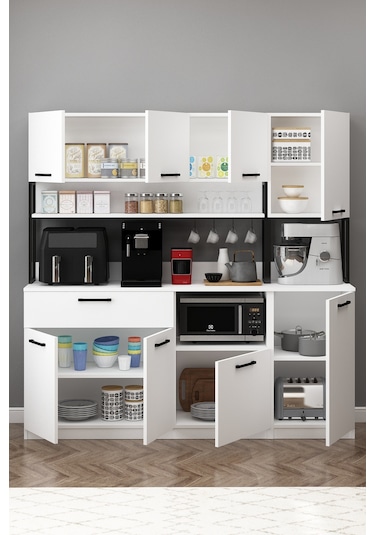 Ervin Kahve Köşesi 3 Kapaklı Boy Dolaplı Airfry Kiler Dolabı Beyaz Beyaz