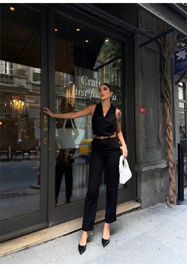 Modasize Keten Duble Paça Deri Taba Kemerli Pantolon - Siyah Siyah