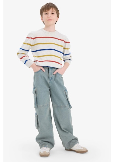 Defacto Erkek Çocuk Çizgili Bisiklet Yaka Triko Kazak F3742a825wner123 Ekru