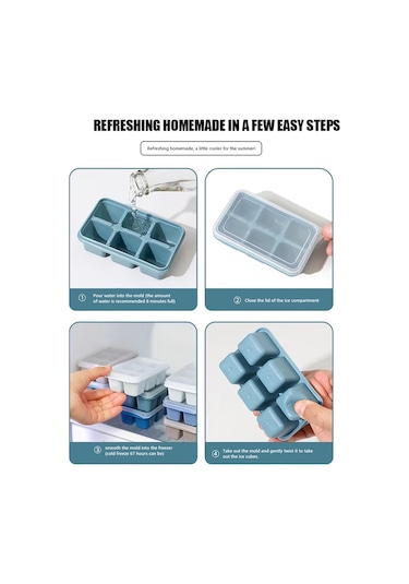 Moveevo Mutfak Silikon Buzluk Kalıbı 6'lı, Yiyecek Grubu, Kapağı Var, Kolay Çıkarım, Donuk Depolama, Mavi Renk Çok Renkli