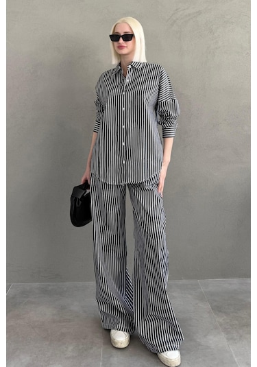 Madmext Siyah Çizgili Gömlek Pantolon Kadın Takım Mg2457 Siyah