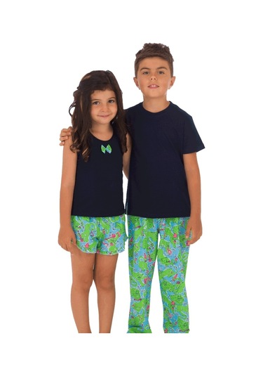 The Don Aile Lacivert-Yeşil Desenli Erkek Şort Takımı (9-14 Yaş)