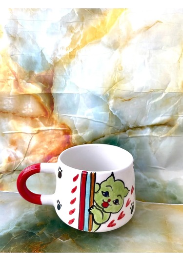 Kazan Modelli Kedi Tasarımlı Kupa Bardak Beyaz