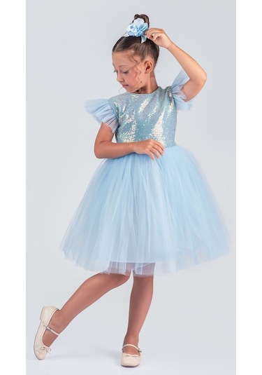 Tüllü Kız Çocuk Kpl Elbise Mnk0526 Mavi