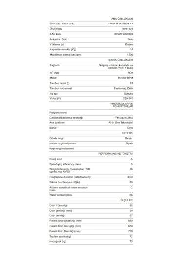 Hoover HWP414AMBC/1-17 1400 Devir 14 KG Çamaşır Makinesi