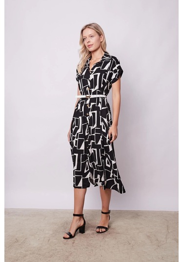 Kadın Desenli Yakalı Düşük Omuzlu Duble Kol Kemerli Midi Boy Elbise Deri Kemer Dahil -siyah Desen Siyah Dsn.