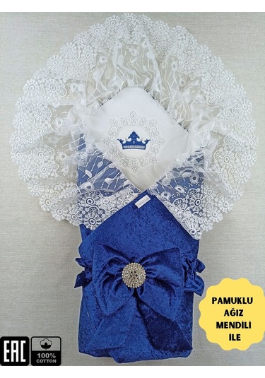 Kadife Kız Bebek Battaniyesi Dantelli Kundak Hastane Çıkışı Yenidoğan %100 Doğal Pamuktan Hediyelik Lacivert