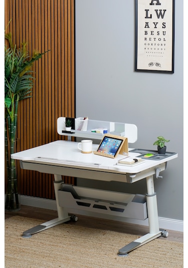 Sirius Standart Yükseklik Ve Eğim Ayarlı Çekmeceli Bilgisayar, Ofis Ve Çalışma Masası Ekru Gri Gri