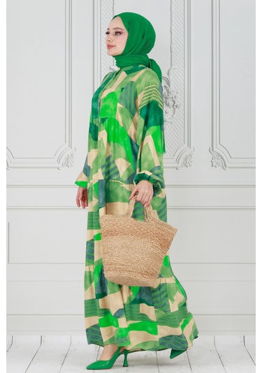 Yarasa Kol Cam Kırığı Viskon Elbise-yeşil-3806 - Yeşil