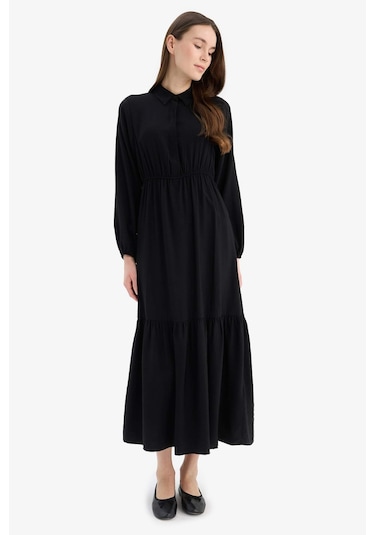 DeFacto 	Gömlek Yaka Basic Düz Düğmeli Beli Büzgülü Uzun Kollu Maxi Elbise D5851AX25SPBK81