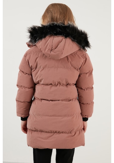 Lela Yakası Suni Kürklü Peluş Astarlı Çıkarılabilir Kapüşonlu Dar Kesim Kışlık Kız Çocuk Mont 5760002 Pudra