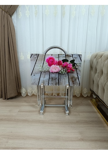 Çanta Zigon Sehpa,4'lü Sehpa, Zigon Sehpa, Camlı Sehpa -pembe Gül