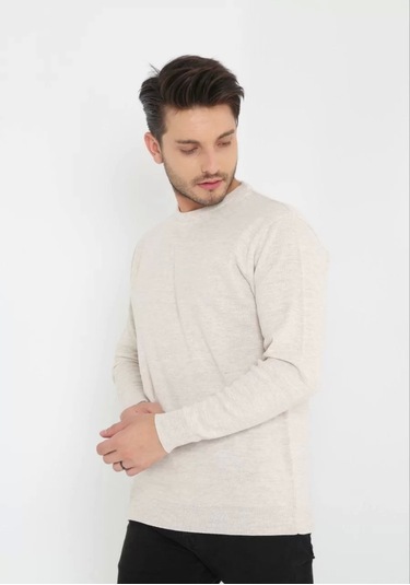 Unisex Uzun Kol Biskilet Yaka Dokuma Triko - Bej Bej