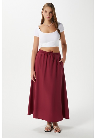 Kadın Seaside Bordo Astarlı Bel Lastikli Cepli Dokuma Uzun Etek Bordo