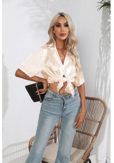 Kısa Kollu Gömlek Yaz Katı Saten Ipek Gömlek Düğme Yukarı Bluz Gevşek Ofis Kadın Blusas Casual Gömlek Tops Zarif 26107 Şampanya Koyu Krem