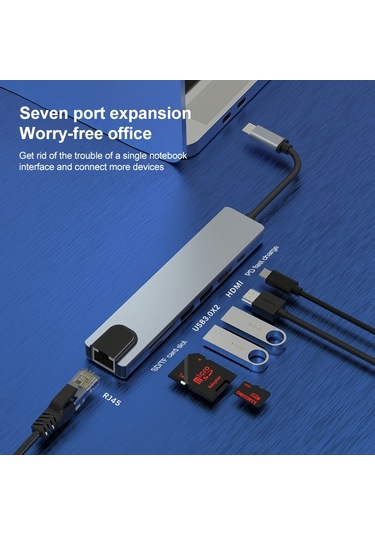 7'si 1 Arada Rj45 + Sd/tf + Usb 3.0 X 2 + Hdmı + Pd - Usb-c / Type-c Hub Adaptörü