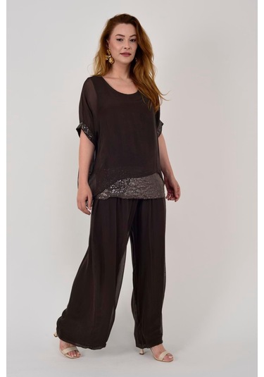 İtalyan Yarasa Kollu Payetli İpek Bluz-9248 Kahverengi