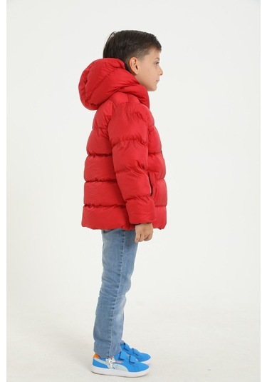 Freemen Erkek Çocuk Kırmızı Polarlı Kapüşonlu Su Geçirmez Rüzgara Dayanıklı Şişme Kışlık Mont Kırmızı