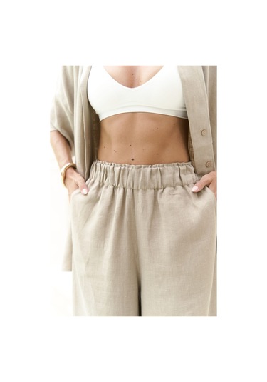 Baron Bej Keten Gömlek Pantolon Takım Bej