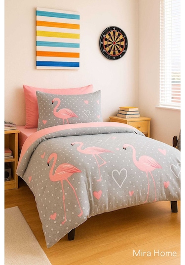 Flamingo Desenli Pamuklu Tek Kişilik Nevresim Takımı Renkli