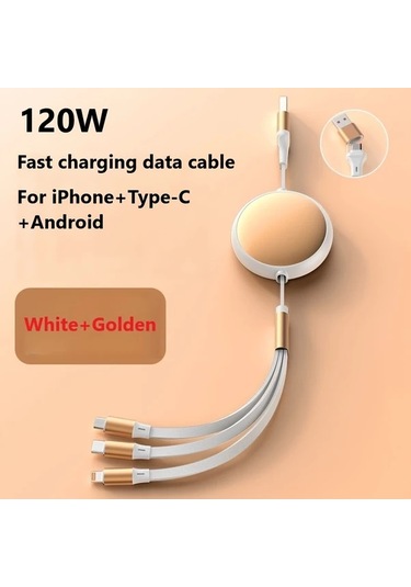Honeybeeshop Beyaz Altın 120w 2de 3 Teleskopik Hizli Sarj Kablosu Usb Type C Micro Lightning Coklu Baslik İpdone Uyumlu Galaxy Uyumlu Xiaomi Huawei Icin