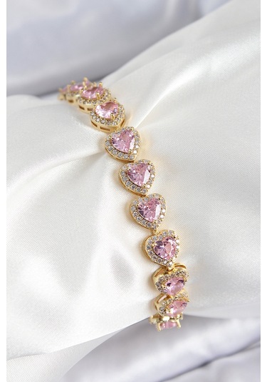 Pirinç Zirkon Taşlı Pembe Kalp Baget Model Gold Renk Vıp Seri Kadın Bileklik - Tj-bb7502 Diğer