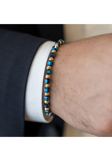 Cenovakuyumculuk 14 Ayar Altın Toplu Mavi Renk Küp Seramik Erkek Bileklik Sarı Altın