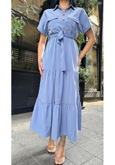 Mavi Pliseli Kuşaklı Maxi Uzun Ceket Elbise Mavi