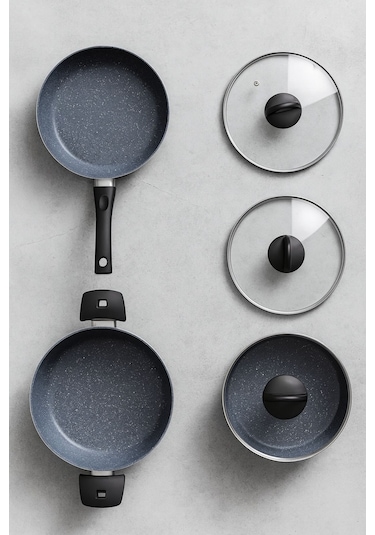 7 Parça Almeria Gri Granit Dik Tencere Ve Tava Seti 20 Cm 2.5l, 24 Cm 4.5l, 26 Cm 3l, 26 Cm Tava Lacivert