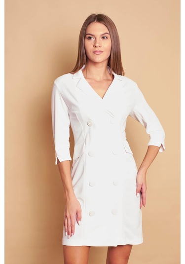 Yakalı Sırt Dekolteli Anvelop Likralı Kumaş Düğmeli Ceket Elbise-krem Krem