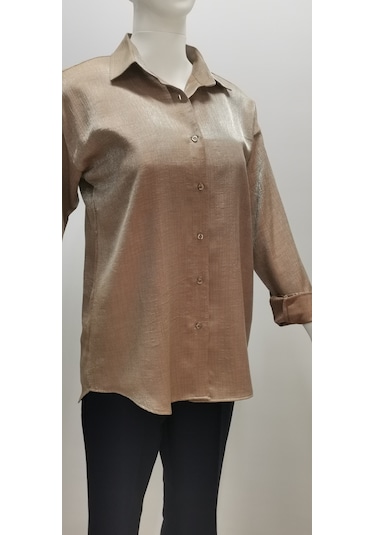 Kadın Uzun Kollu Düğmeli Salaş Parlak Dokuma Kumaş Kahve Rengi Kahverengi