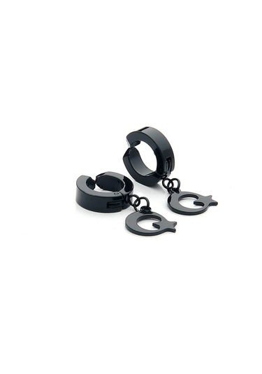 Ay Yıldız Sıkıştırmalı Siyah Çelik Erkek Küpe Takı P24 T5