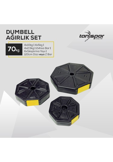 Tan Spor 70 KG Dambıl Halter Ağırlık Fitness Düz Bar Seti Kırmızı Kapaklı 150 CM